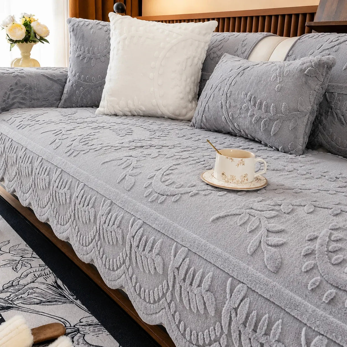 Embossed Plush Sofa Cover Non Slip Couch Protector with Botanical Leaf Pattern and Silicone Grip Backing Pet Friendly Sofa Seat Cover for Living Room