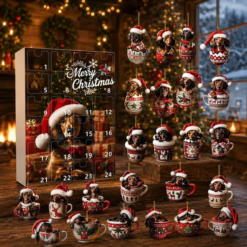 Dachshund Advent Calendar with Hanging Christmas Tree Ornaments