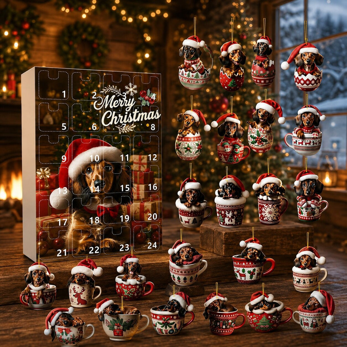 Dachshund Advent Calendar with Hanging Christmas Tree Ornaments