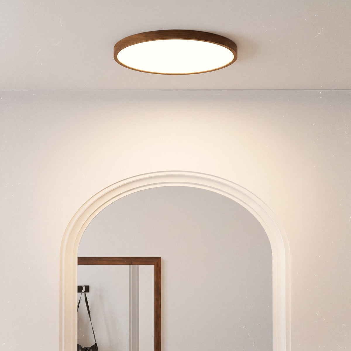 Dark Wood Grain LED Ceiling Light Round Flush Mount with Soft Acrylic Diffuser
