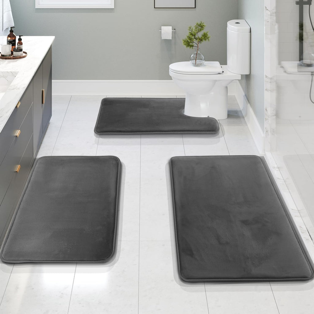 Memory Foam Bath Mat Set Three Piece Velvet Bathroom Rug Set with Contour Toilet Mat Absorbent Non Slip Machine Washable