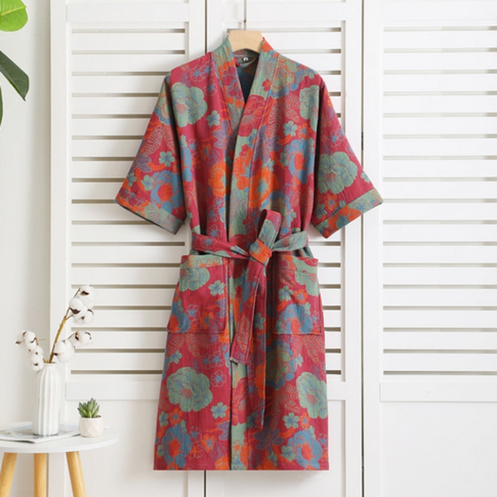 Double Gauze Cotton Kimono Robe with Vintage Floral Print and Pockets