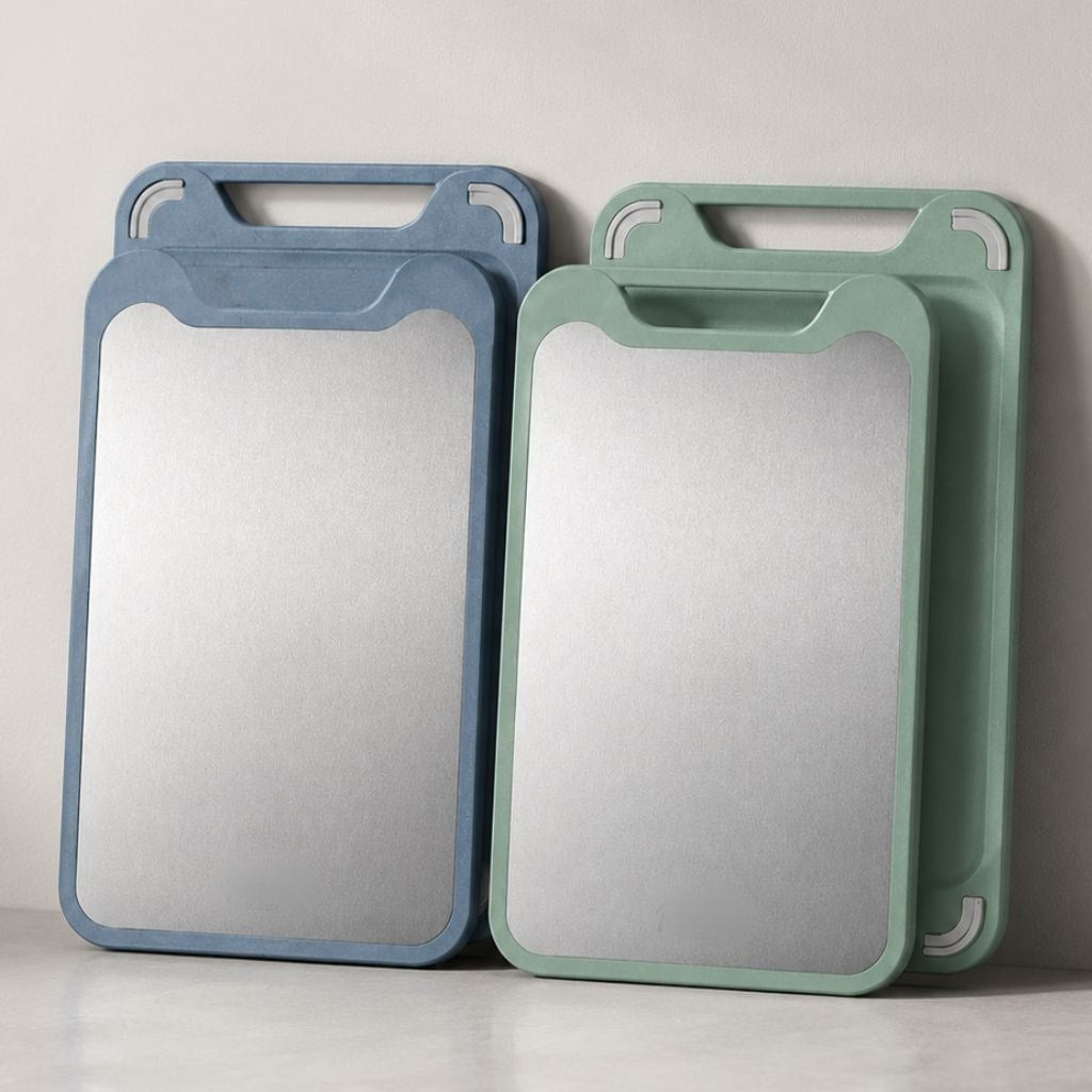 Double Sided Stainless Steel Cutting Board with Juice Groove and Garlic Grinder