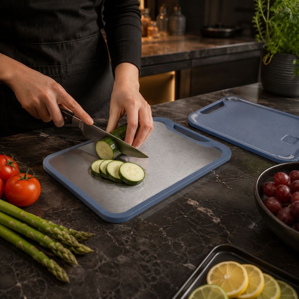 Double Sided Stainless Steel Cutting Board with Juice Groove and Garlic Grinder