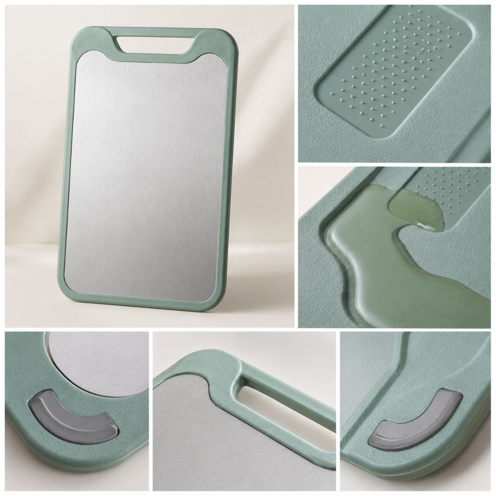 Double Sided Stainless Steel Cutting Board with Juice Groove and Garlic Grinder