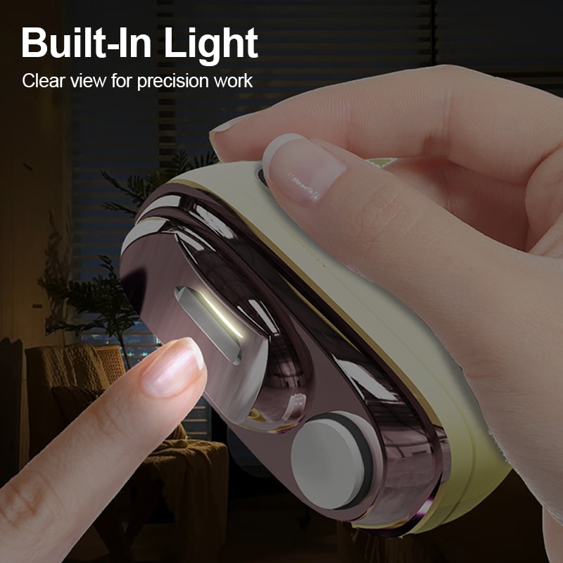 Electric Nail Trimmer and File with Pressure Sensing Stop and LED Light