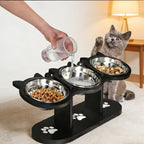 Elevated Pet Feeder with Three Stainless Steel Bowls and Wooden Stand for Cats