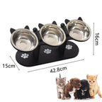 Elevated Pet Feeder with Three Stainless Steel Bowls and Wooden Stand for Cats