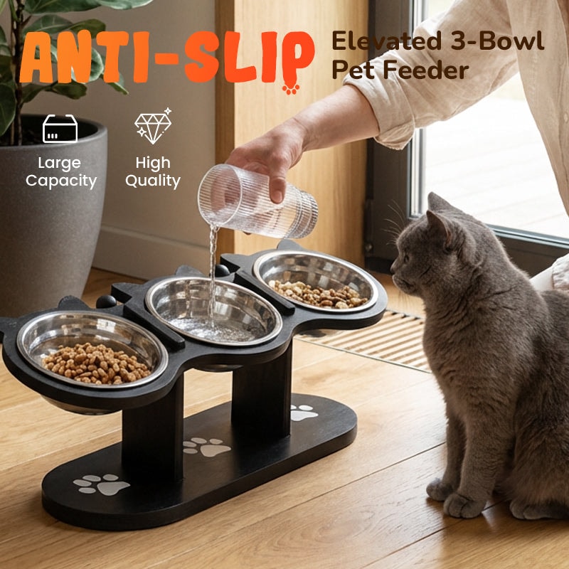 Elevated Pet Feeder with Three Stainless Steel Bowls and Wooden Stand for Cats