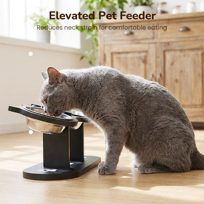 Elevated Pet Feeder with Three Stainless Steel Bowls and Wooden Stand for Cats