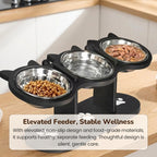 Elevated Pet Feeder with Three Stainless Steel Bowls and Wooden Stand for Cats