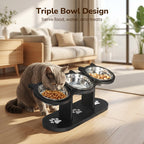 Elevated Pet Feeder with Three Stainless Steel Bowls and Wooden Stand for Cats