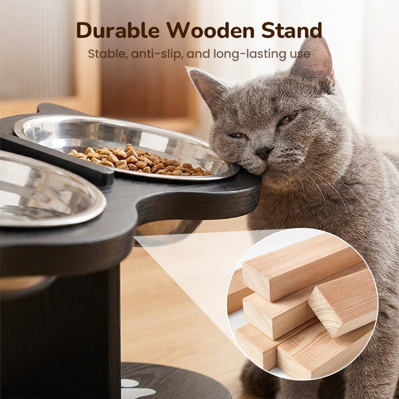 Elevated Pet Feeder with Three Stainless Steel Bowls and Wooden Stand for Cats