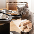 Elevated Pet Feeder with Three Stainless Steel Bowls and Wooden Stand for Cats
