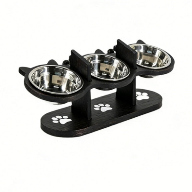 Elevated Pet Feeder with Three Stainless Steel Bowls and Wooden Stand for Cats