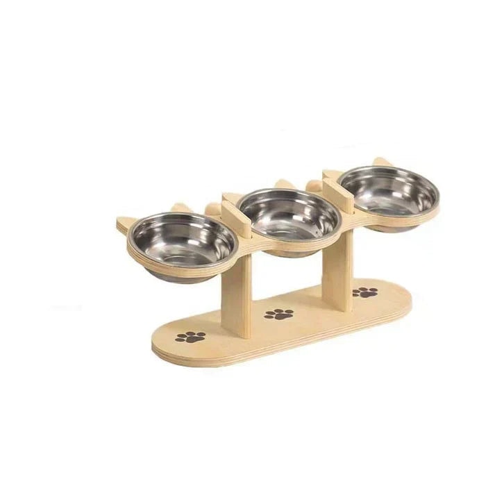 Elevated Pet Feeder with Three Stainless Steel Bowls and Wooden Stand for Cats