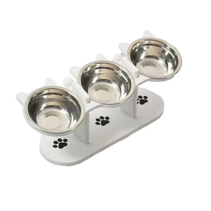 Elevated Pet Feeder with Three Stainless Steel Bowls and Wooden Stand for Cats