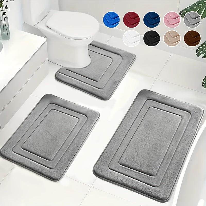 Memory Foam Bath Mat Set Absorbent Non-Slip Bathroom Rug Set with Contour Toilet Mat Machine Washable Microfibre Mats for Bathroom and Toilet