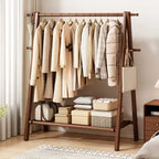 Foldable Wooden Clothes Rail Beech Wood Garment Rack with Storage Shelves and Side Hooks Freestanding A Frame Coat Rack for Bedroom and Hallway