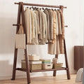 Foldable Wooden Clothes Rail Beech Wood Garment Rack with Storage Shelves and Side Hooks Freestanding A Frame Coat Rack for Bedroom and Hallway