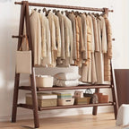Foldable Wooden Clothes Rail Beech Wood Garment Rack with Storage Shelves and Side Hooks Freestanding A Frame Coat Rack for Bedroom and Hallway
