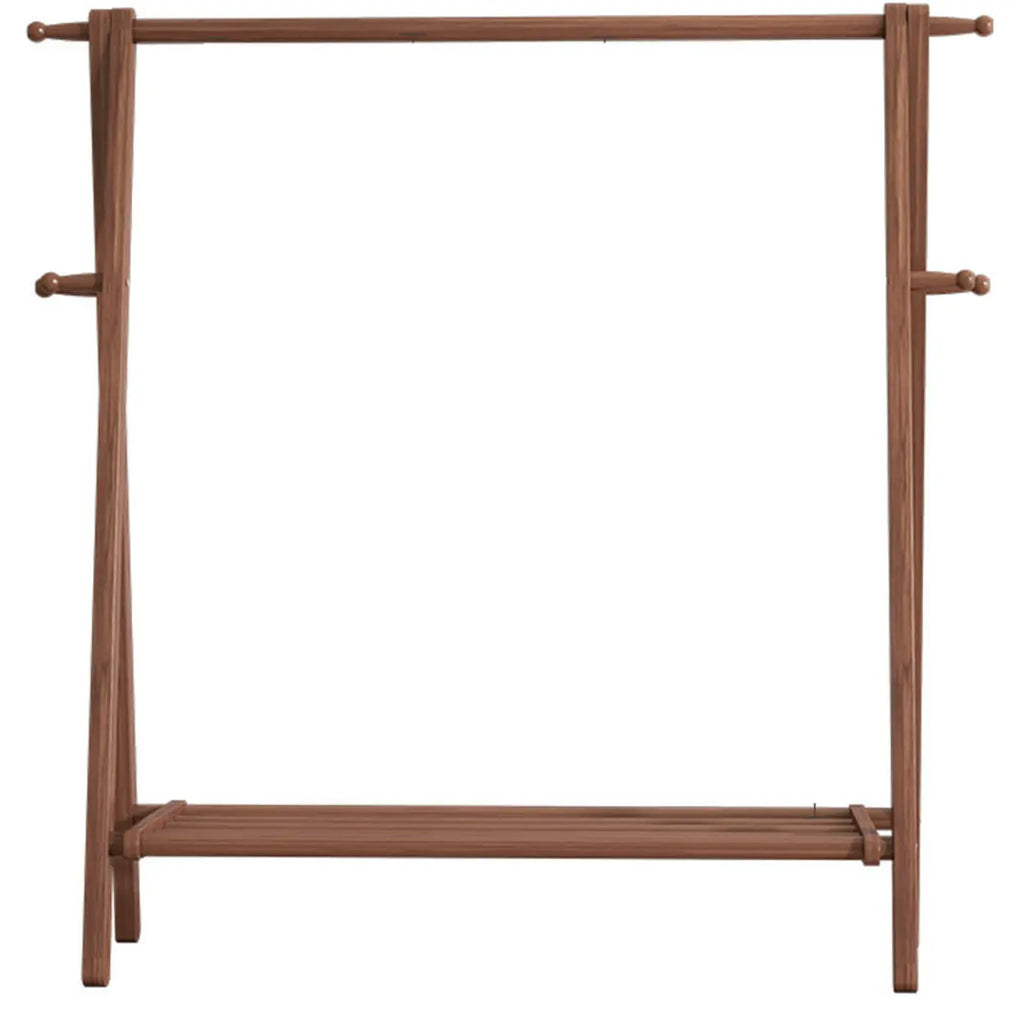 Foldable Wooden Clothes Rail Beech Wood Garment Rack with Storage Shelves and Side Hooks Freestanding A Frame Coat Rack for Bedroom and Hallway
