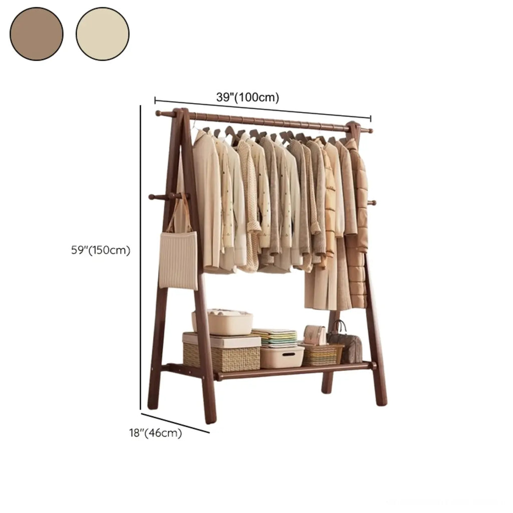 Foldable Wooden Clothes Rail Beech Wood Garment Rack with Storage Shelves and Side Hooks Freestanding A Frame Coat Rack for Bedroom and Hallway