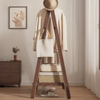 Foldable Wooden Clothes Rail Beech Wood Garment Rack with Storage Shelves and Side Hooks Freestanding A Frame Coat Rack for Bedroom and Hallway