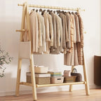 Foldable Wooden Clothes Rail Beech Wood Garment Rack with Storage Shelves and Side Hooks Freestanding A Frame Coat Rack for Bedroom and Hallway