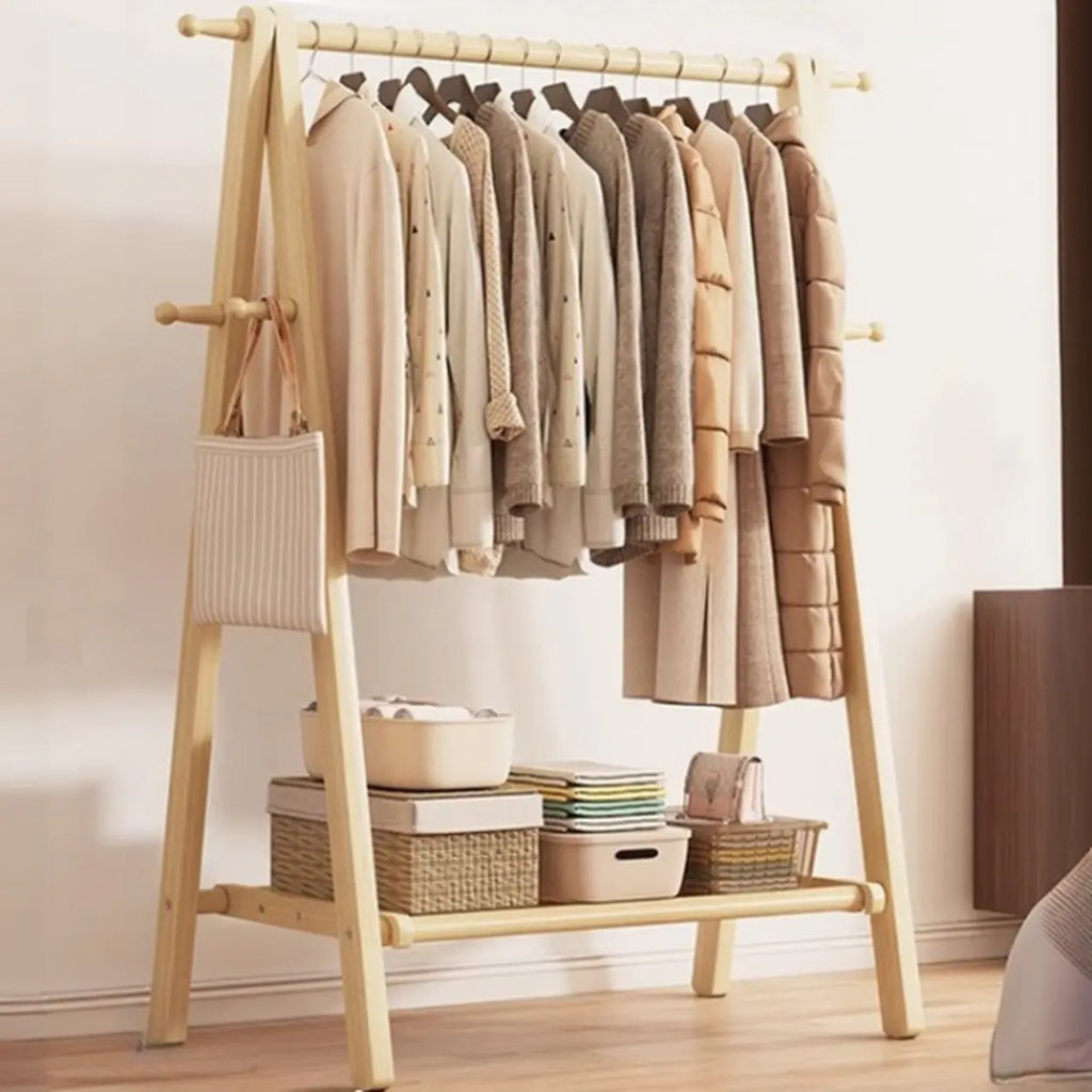 Foldable Wooden Clothes Rail Beech Wood Garment Rack with Storage Shelves and Side Hooks Freestanding A Frame Coat Rack for Bedroom and Hallway