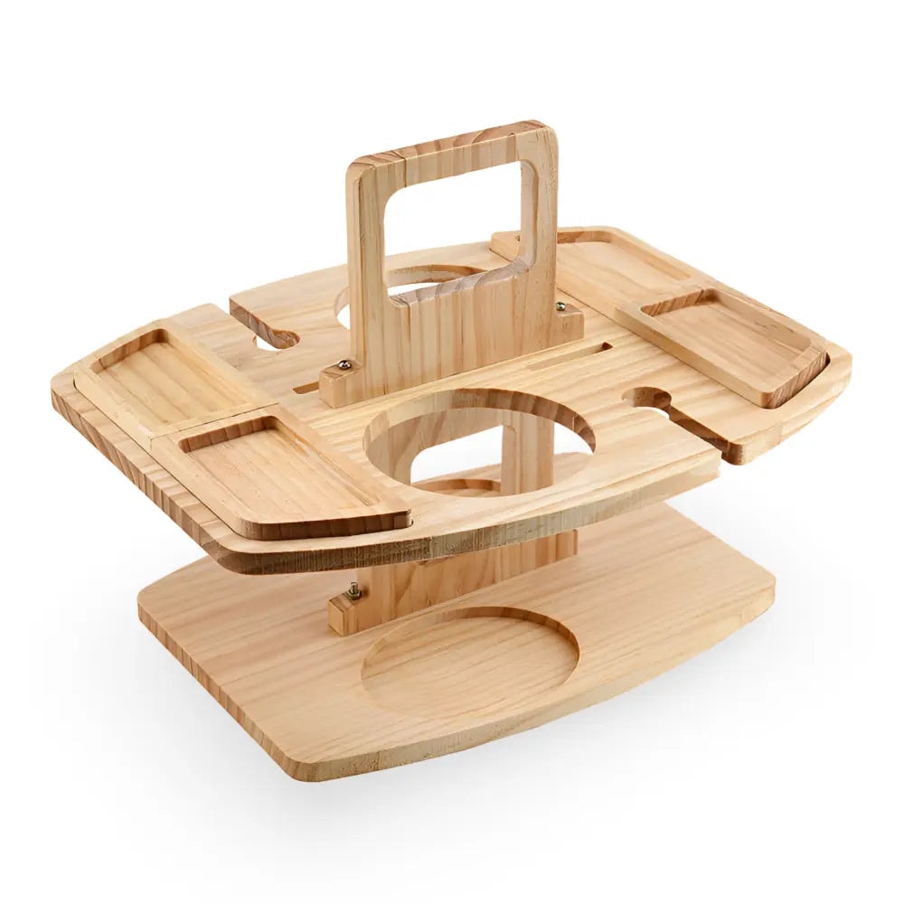 Folding Wooden Wine Table with Snack Compartments and Glass Holders