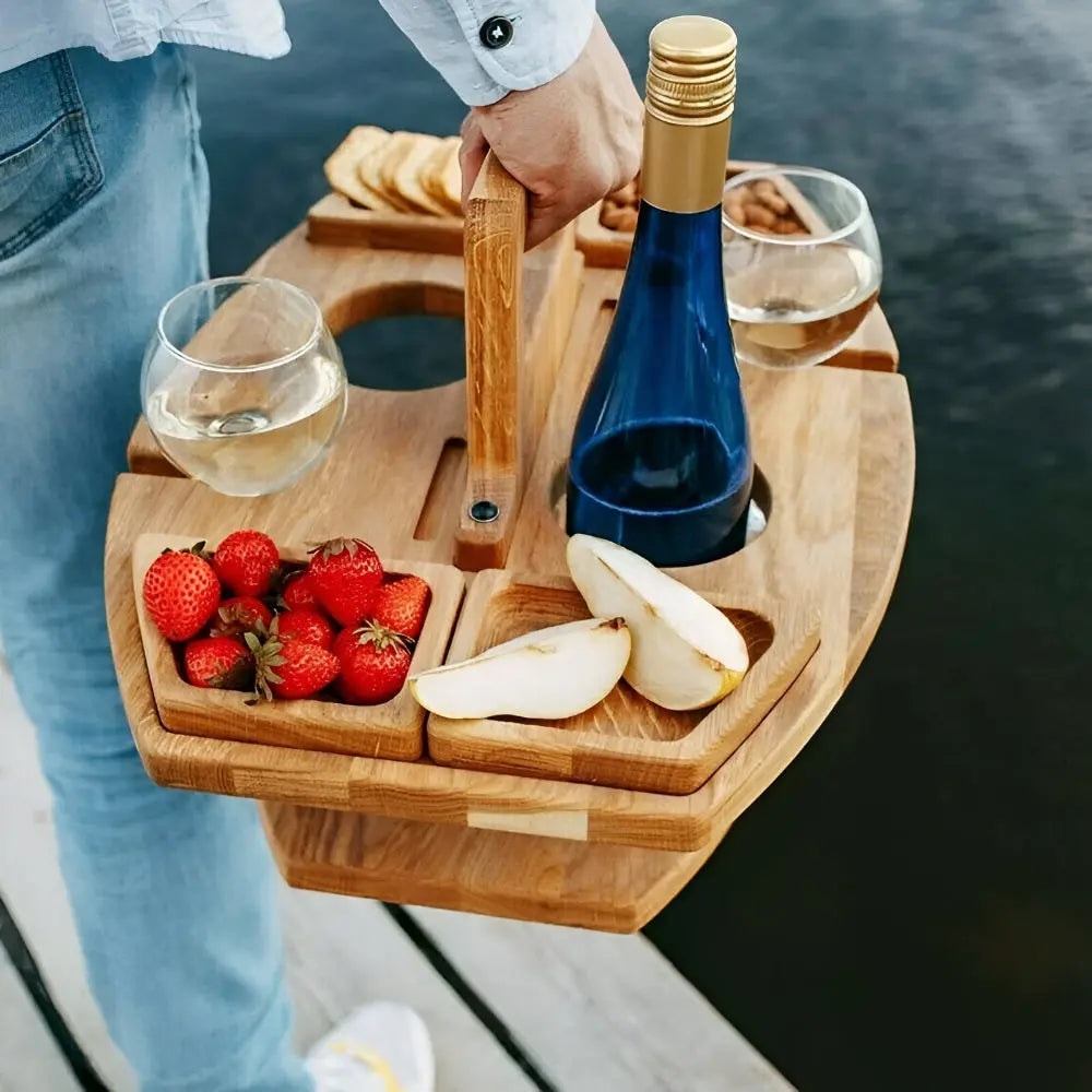 Folding Wooden Wine Table with Snack Compartments and Glass Holders