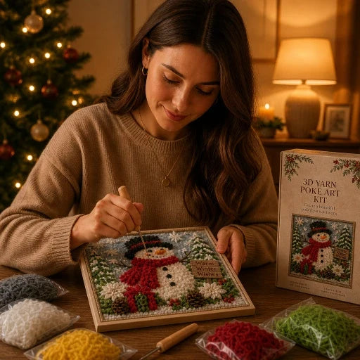 Christmas Yarn Art Kit Pre Punched Board with Wooden Tool No Sew Textured Craft Kit Snowman | Cardinal and Winter Cottage Designs for Mantel Decor