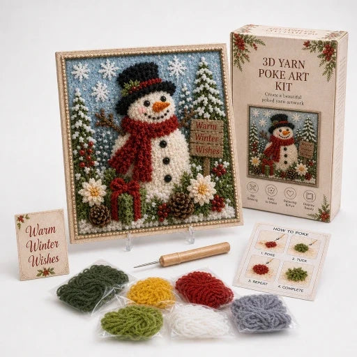 Christmas Yarn Art Kit Pre Punched Board with Wooden Tool No Sew Textured Craft Kit Snowman | Cardinal and Winter Cottage Designs for Mantel Decor