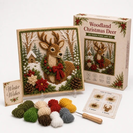 Christmas Yarn Art Kit Pre Punched Board with Wooden Tool No Sew Textured Craft Kit Snowman | Cardinal and Winter Cottage Designs for Mantel Decor