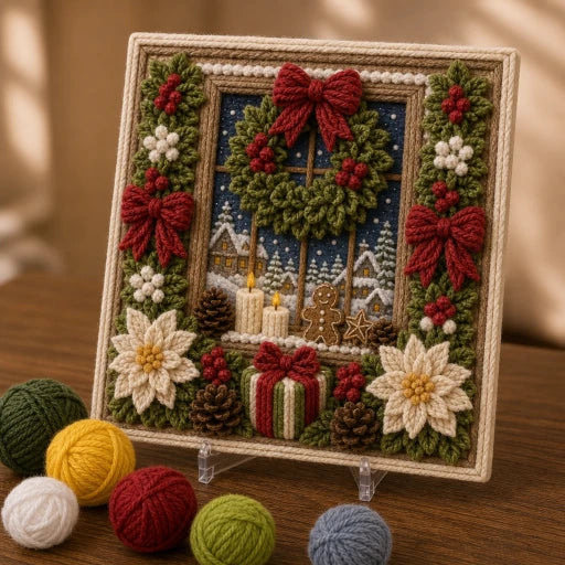 Christmas Yarn Art Kit Pre Punched Board with Wooden Tool No Sew Textured Craft Kit Snowman | Cardinal and Winter Cottage Designs for Mantel Decor