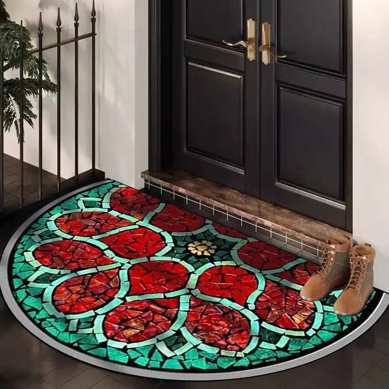 Half Moon Door Mat with Mosaic Print Non Slip Crystal Velvet Entrance Mat