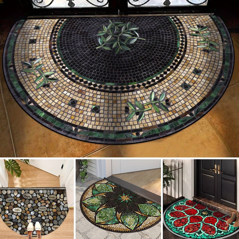Half Moon Door Mat with Mosaic Print Non Slip Crystal Velvet Entrance Mat