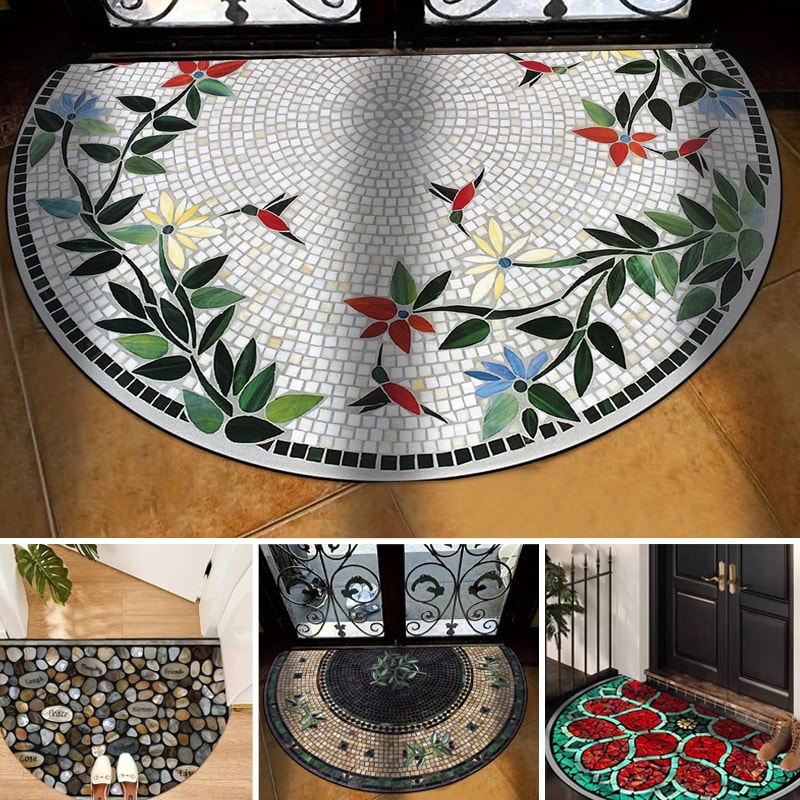 Half Moon Door Mat with Mosaic Print Non Slip Crystal Velvet Entrance Mat