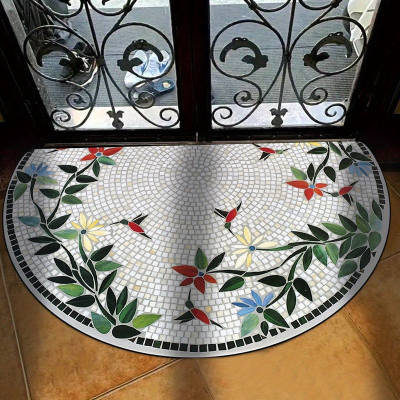 Half Moon Door Mat with Mosaic Print Non Slip Crystal Velvet Entrance Mat