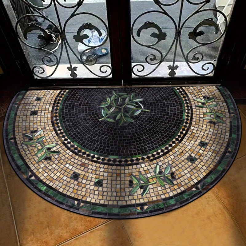 Half Moon Door Mat with Mosaic Print Non Slip Crystal Velvet Entrance Mat