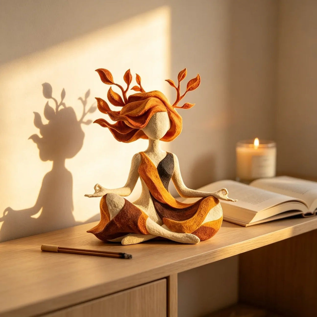 Hand Painted Meditating Yoga Woman Sculpture with Leaf Hair for Living Room