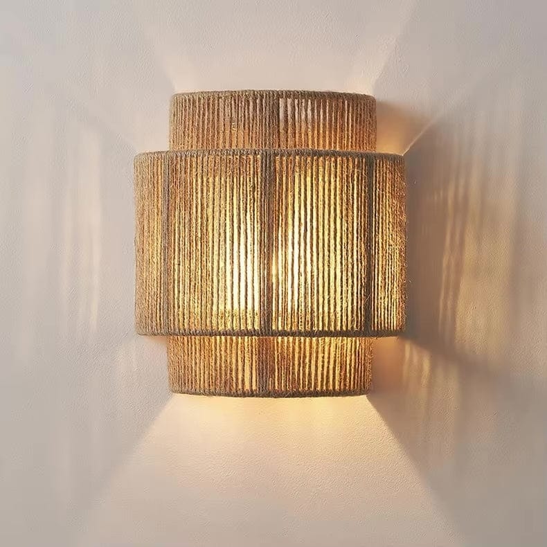 Handwoven Rattan Wall Light with Layered Hemp Rope Shade for Bedroom