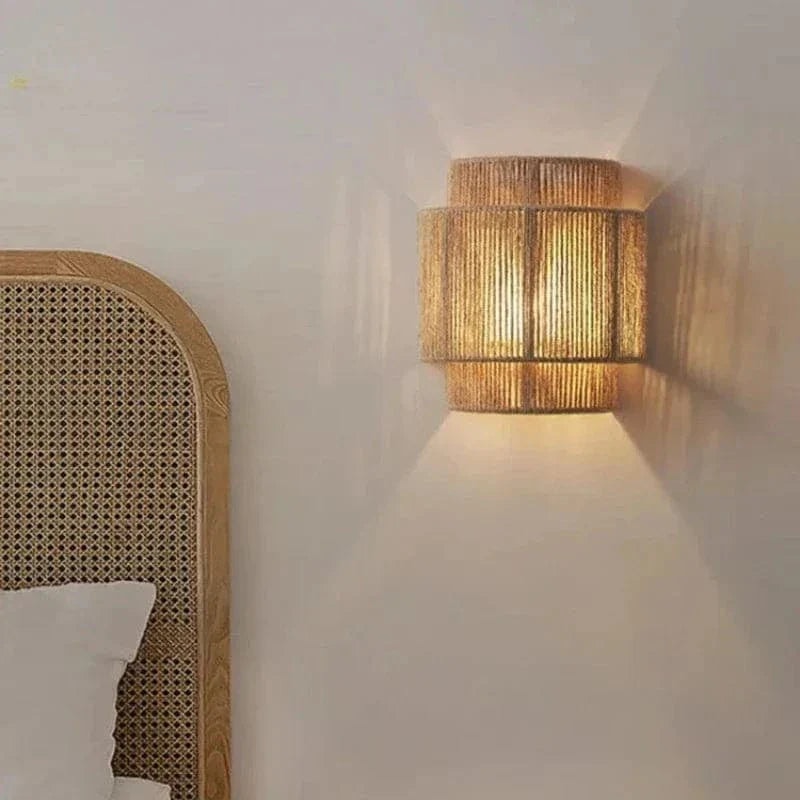 Handwoven Rattan Wall Light with Layered Hemp Rope Shade for Bedroom