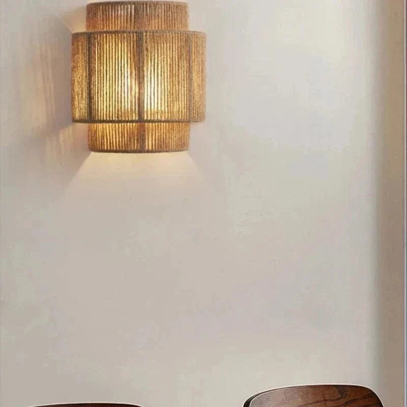 Handwoven Rattan Wall Light with Layered Hemp Rope Shade for Bedroom