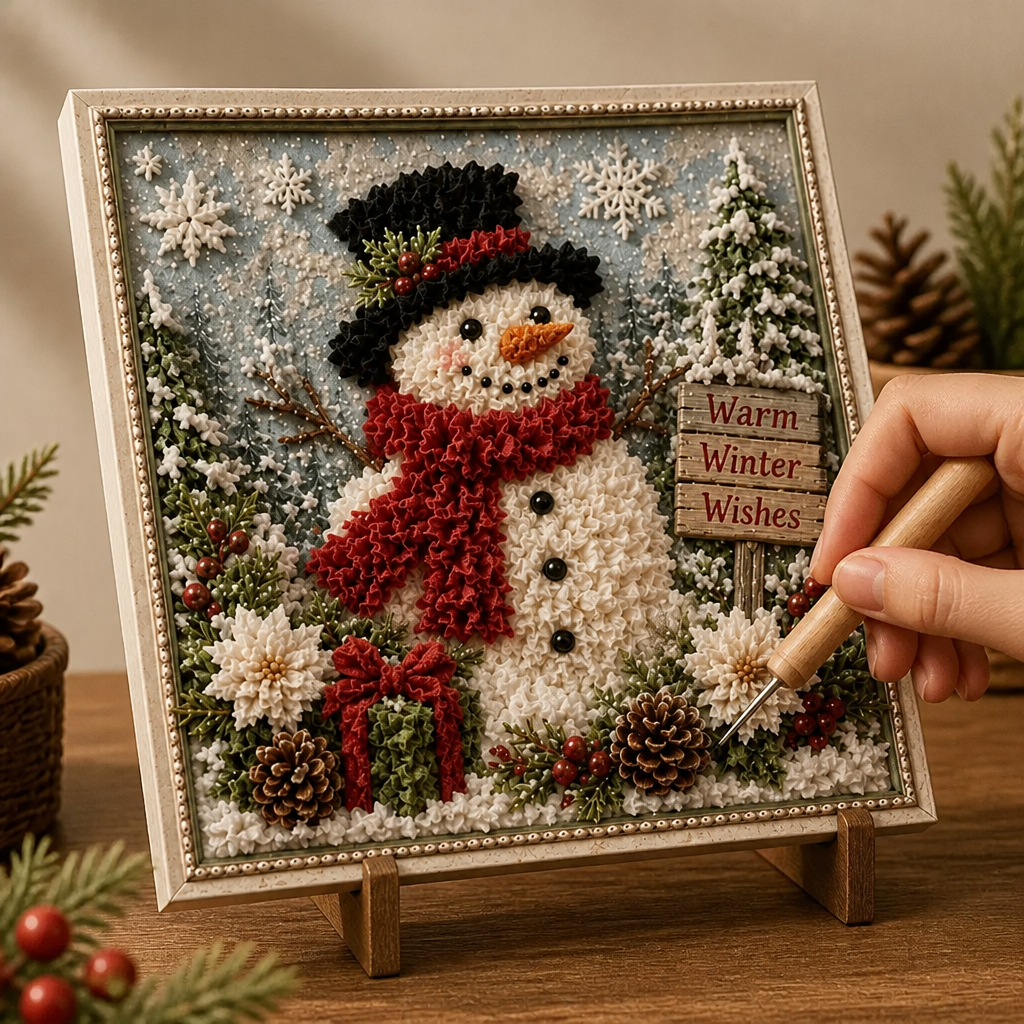 Christmas Yarn Art Kit Pre Punched Board with Wooden Tool No Sew Textured Craft Kit Snowman | Cardinal and Winter Cottage Designs for Mantel Decor