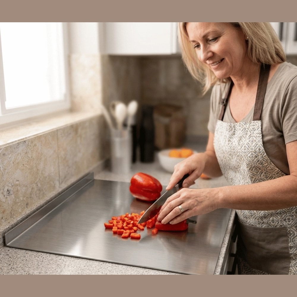 Hygienic Stainless Steel Cutting Board with Raised Lip Edge for Kitchen Worktops