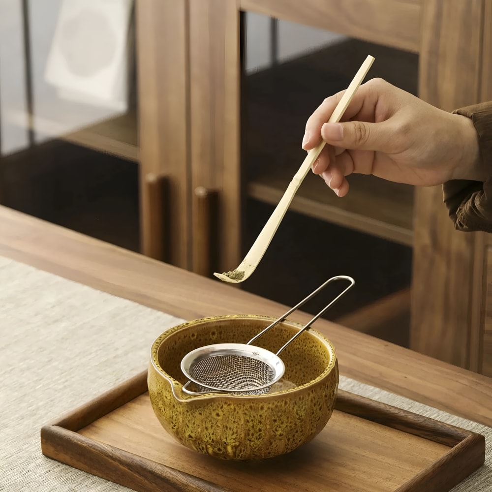 Japanese Matcha Tea Set with Handmade Ceramic Bowl and Bamboo Whisk