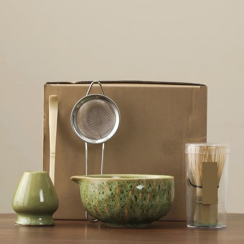 Japanese Matcha Tea Set with Handmade Ceramic Bowl and Bamboo Whisk