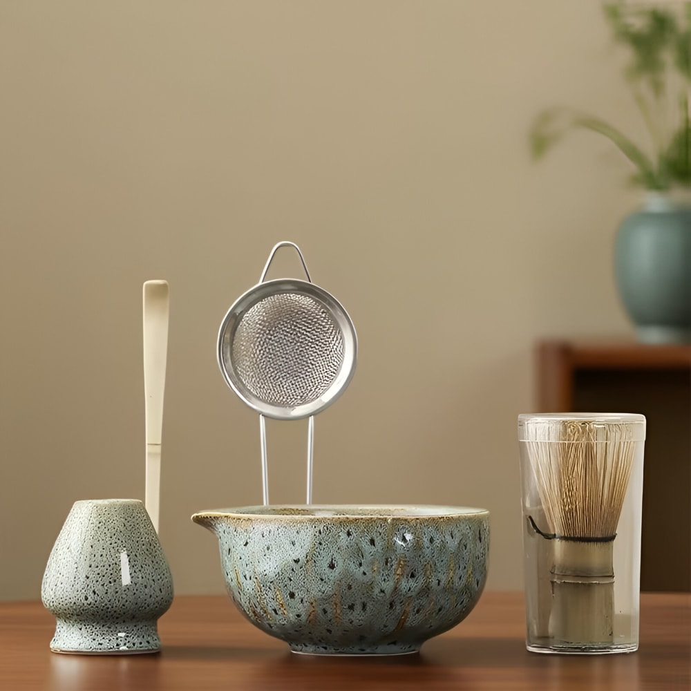 Japanese Matcha Tea Set with Handmade Ceramic Bowl and Bamboo Whisk